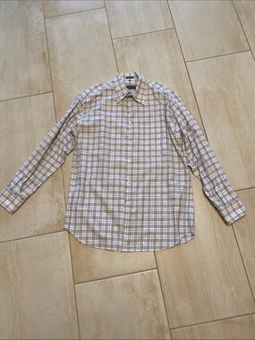 Salvatore Ferragamo Beige and White Plaid Men's Dress Shirt